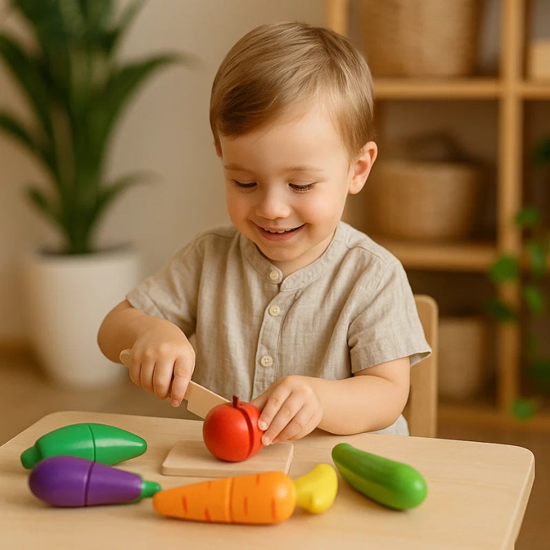 Criança Brincando com Montessori - Frutas e Legumes Cortáveis Divertidos