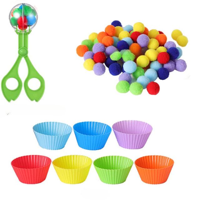 Coordenação Motota Fina Kit Pompons Com Pegador e Potes