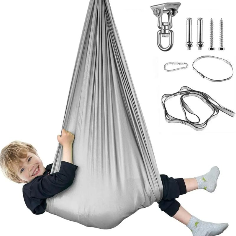 Balanço sensorial infantil cinza de tecido suspenso com acessórios de instalação
