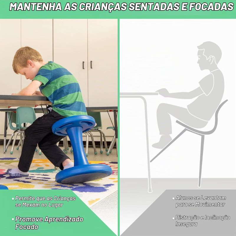 Banco sensorial infantil oscilante azul com assento acolchoado e base antiderrapante