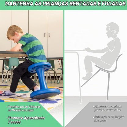 Banco sensorial infantil oscilante azul com assento acolchoado e base antiderrapante