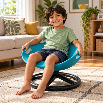 Criança usando cadeira sensorial giratória infantil azul em ambiente interno