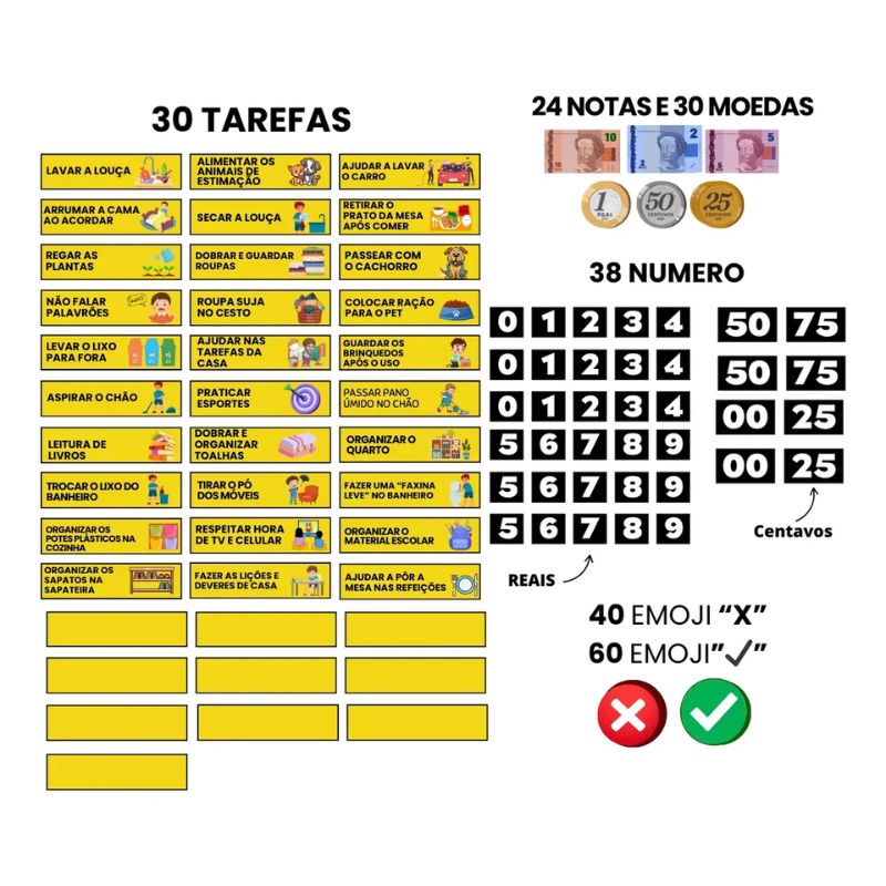 Quadro de Rotina Infantil Magnético - Mesada Inteligente 30 Tarefas