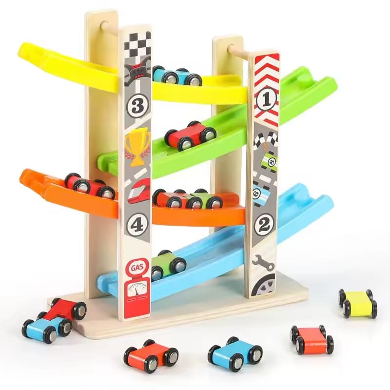 Carrinho Montessori com Rampa de Madeira - Mini Montanha-Russa
